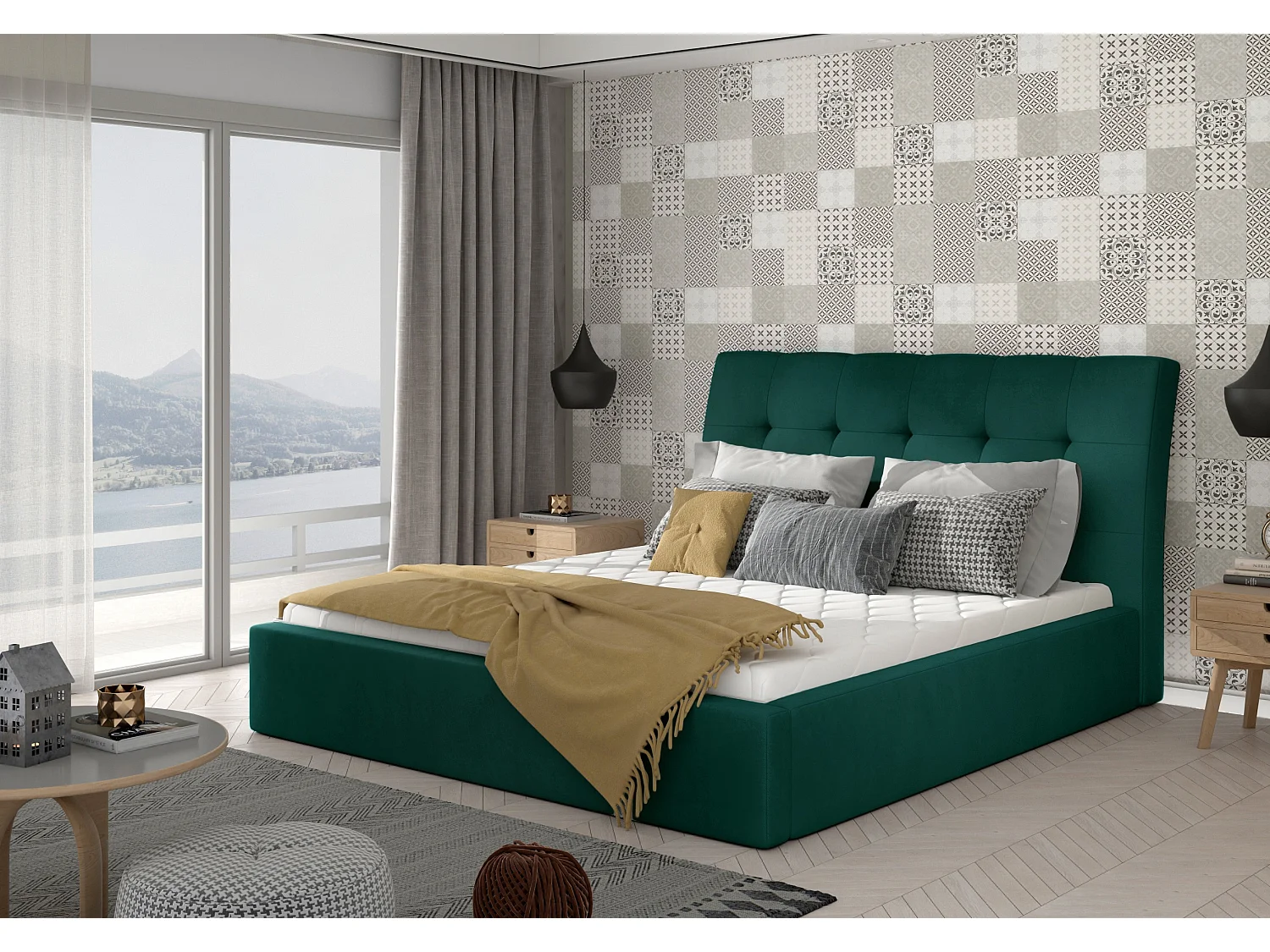 Lit double capitonné velours vert foncé Klein - 4 tailles-160x200