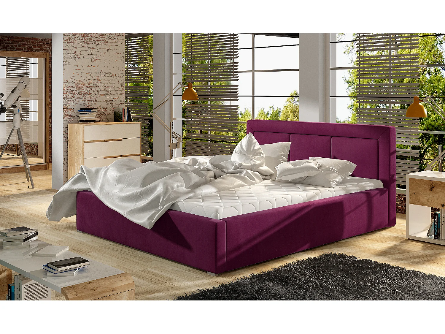 Tweepersoonsbed met Berlino boxspring - Gestoffeerd fluweel-Kleur Pruim-Slapen 200x200cm