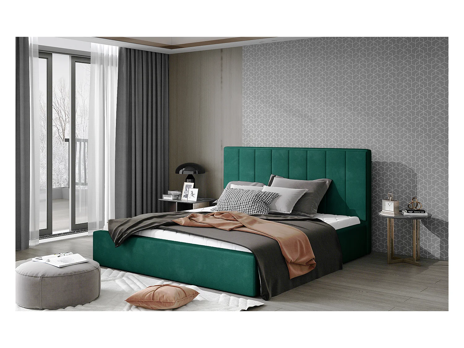 Lit rembourré de luxe velours Vareze-Couleur Vert épinard-180x200-Version avec sommier