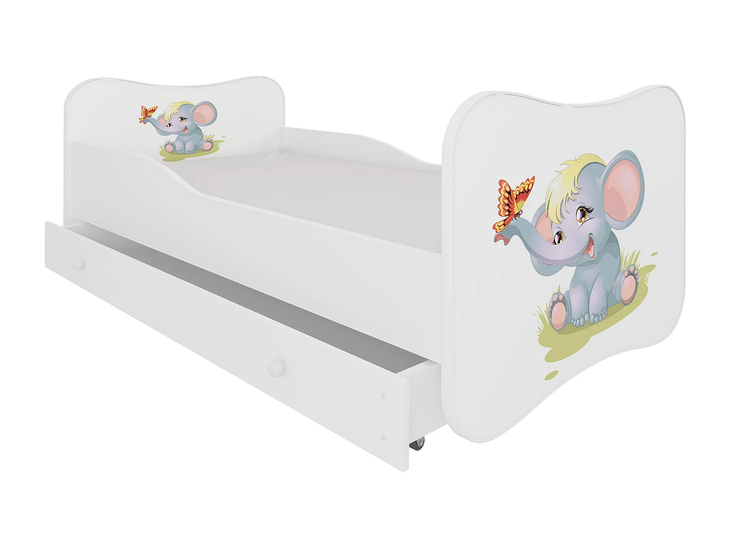 Lit enfant bois blanc à tiroirs avec imprimé éléphant 70x140 ou 80x160 - Sommier et matelas inclus - Ondula-70x140