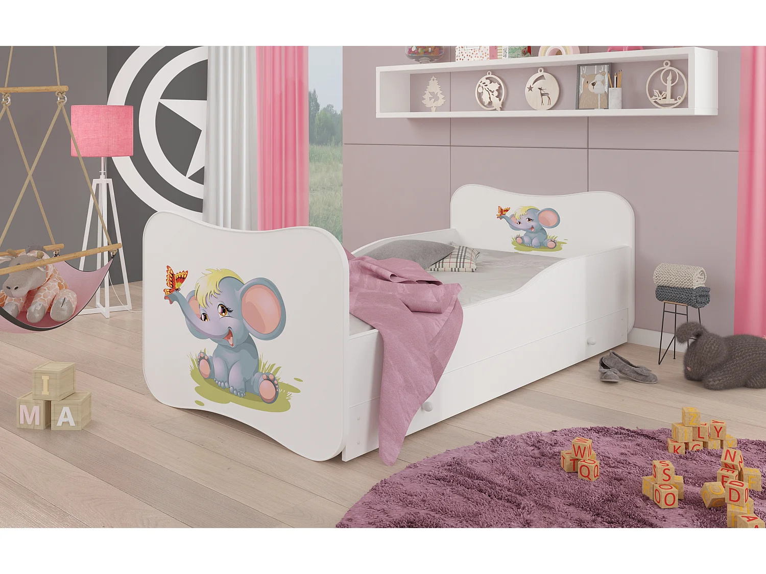 Lit enfant bois blanc à tiroirs avec imprimé éléphant 70x140 ou 80x160 - Sommier et matelas inclus - Ondula-70x140