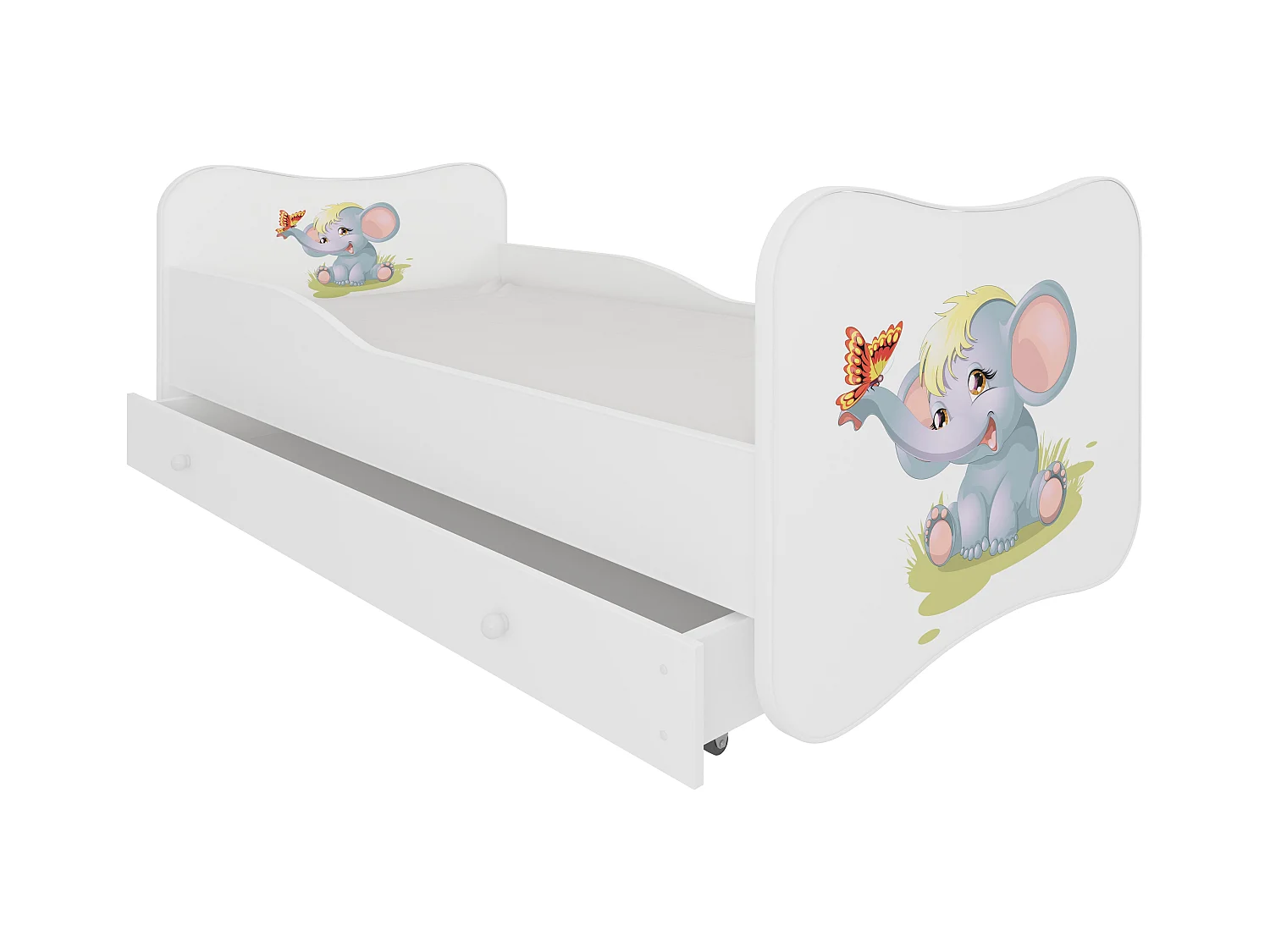 Lit enfant bois blanc à tiroirs avec imprimé éléphant 70x140 ou 80x160 - Sommier et matelas inclus - Ondula-80x160