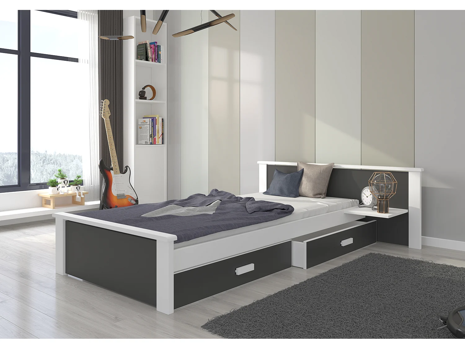 Lit bois pin blanc et bois gris graphite 90x200 avec 1 chevet et 2 tiroirs de rangement Lydia