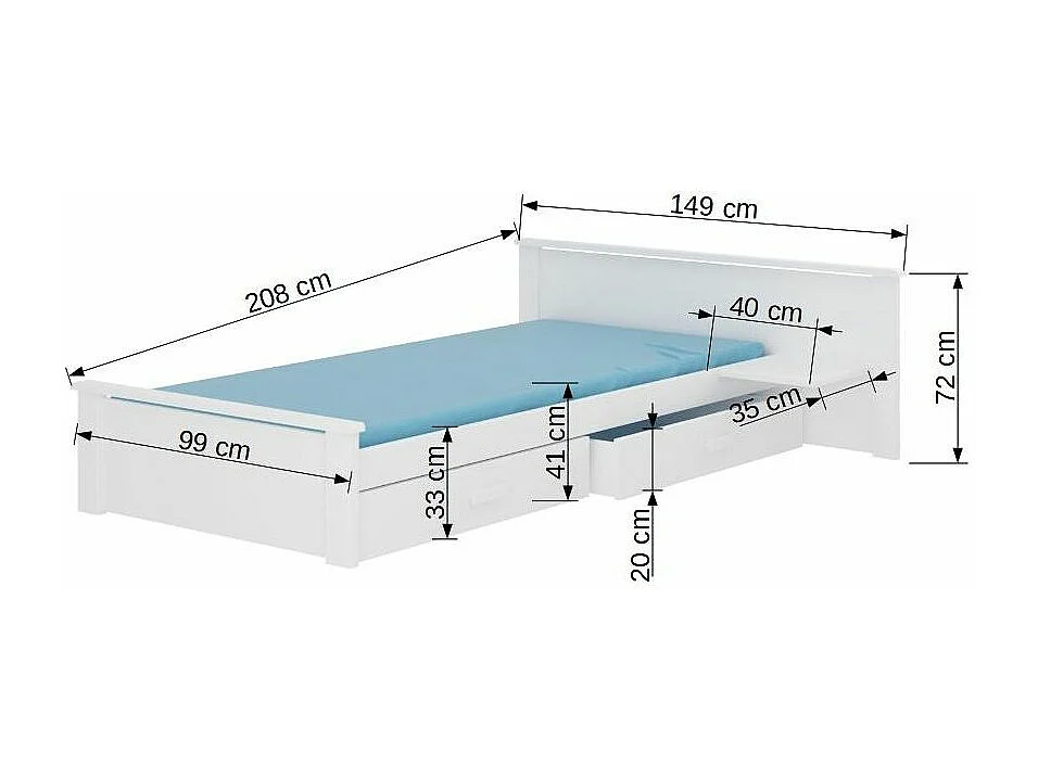 Lit bois pin blanc et bois gris graphite 90x200 avec 1 chevet et 2 tiroirs de rangement Lydia