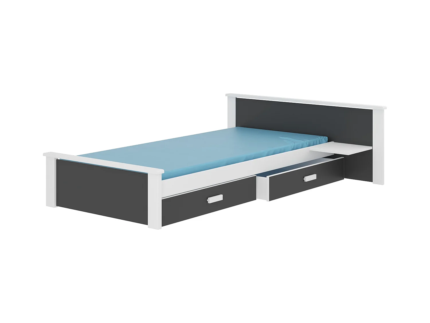 Lit bois pin blanc et bois gris graphite 90x200 avec 1 chevet et 2 tiroirs de rangement Lydia