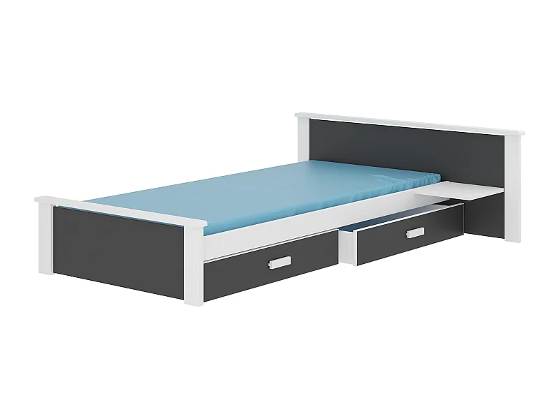 Wit grenenhouten bed en grafietgrijs hout 90x200 cm met 1 nachtkastje en 2 Lydia opberglades