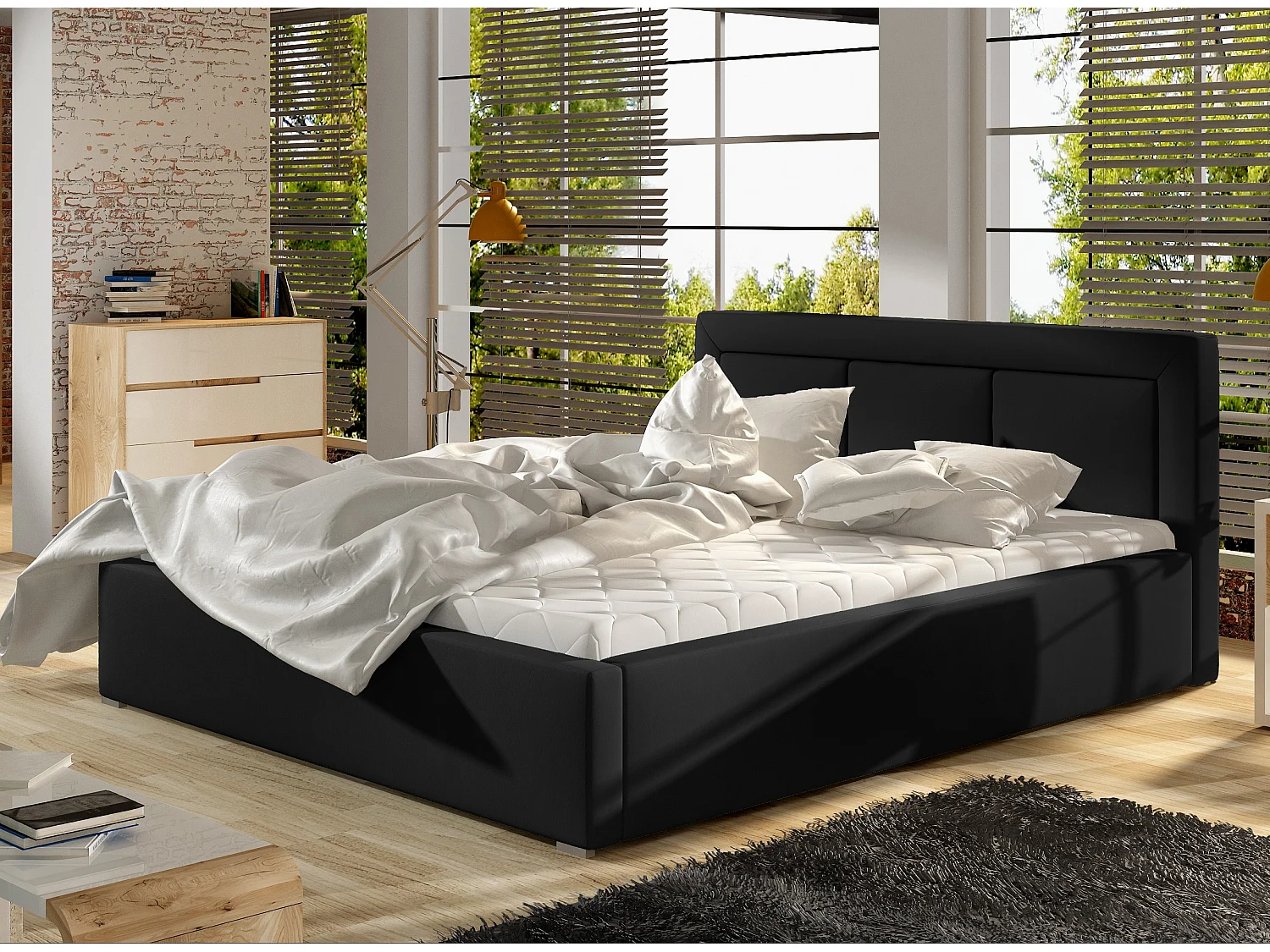 Lit simili cuir noir grand carré capitonné Berlino - 4 tailles-140x200