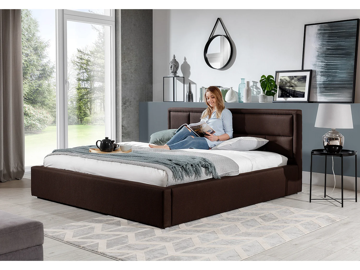 Volwassenenbed met Lenzo boxspring – Gestoffeerde stof-Kleur Lichtgrijs-Slapen 140x200cm