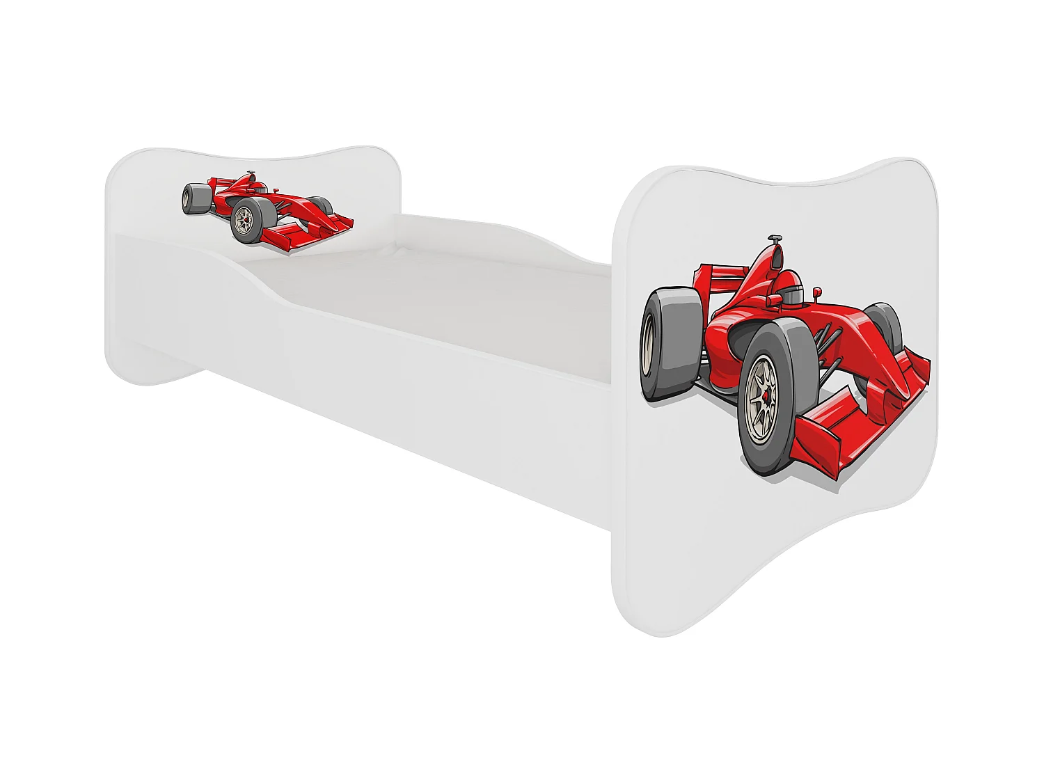 Lit enfant bois blanc imprimé voiture de course rouge 70x140 ou 80x160 - Sommier et matelas inclus - Ondula-80x160