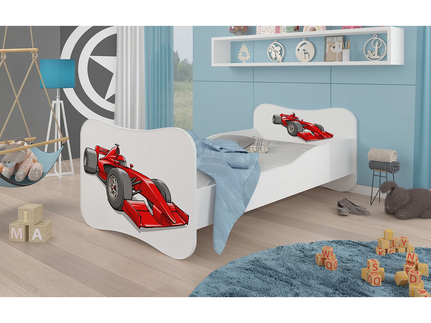 Lit enfant bois blanc imprimé voiture de course rouge 70x140 ou 80x160 - Sommier et matelas inclus - Ondula-80x160