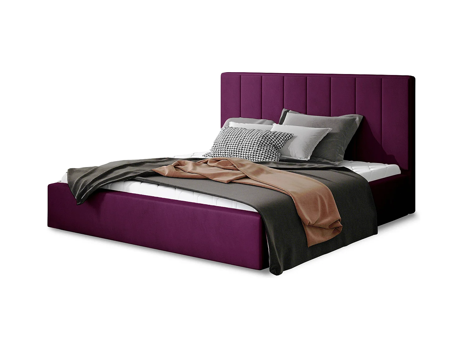 Lit rembourré de luxe velours Vareze-Couleur Magenta foncé-180x200-Version avec sommier