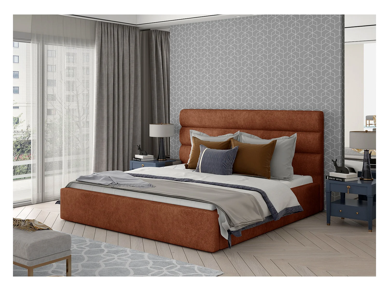 Lit design tissu rouge brique Klarina - 4 tailles-200x200