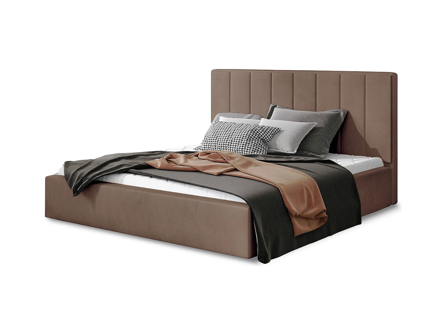 Lit adulte avec coffre de rangement Vareza – Velours matelassé-Marron clair-160x200