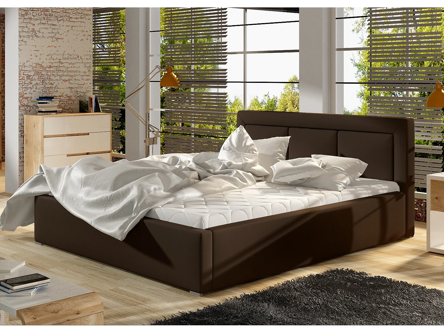 Lit simili cuir marron grand carré capitonné Berlino - 4 tailles-140x200