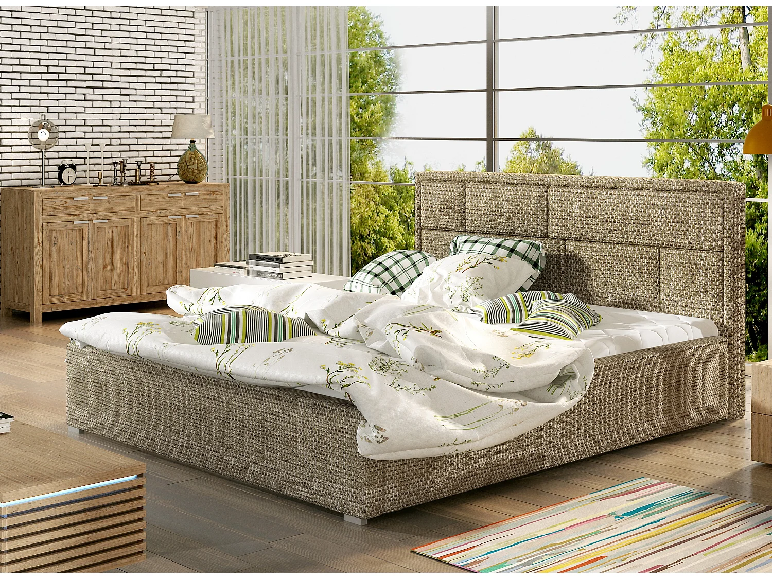 Volwassenenbed met Lenzo boxspring – Gestoffeerde stof-Kleur Heidebeige-Slapen 200x200cm