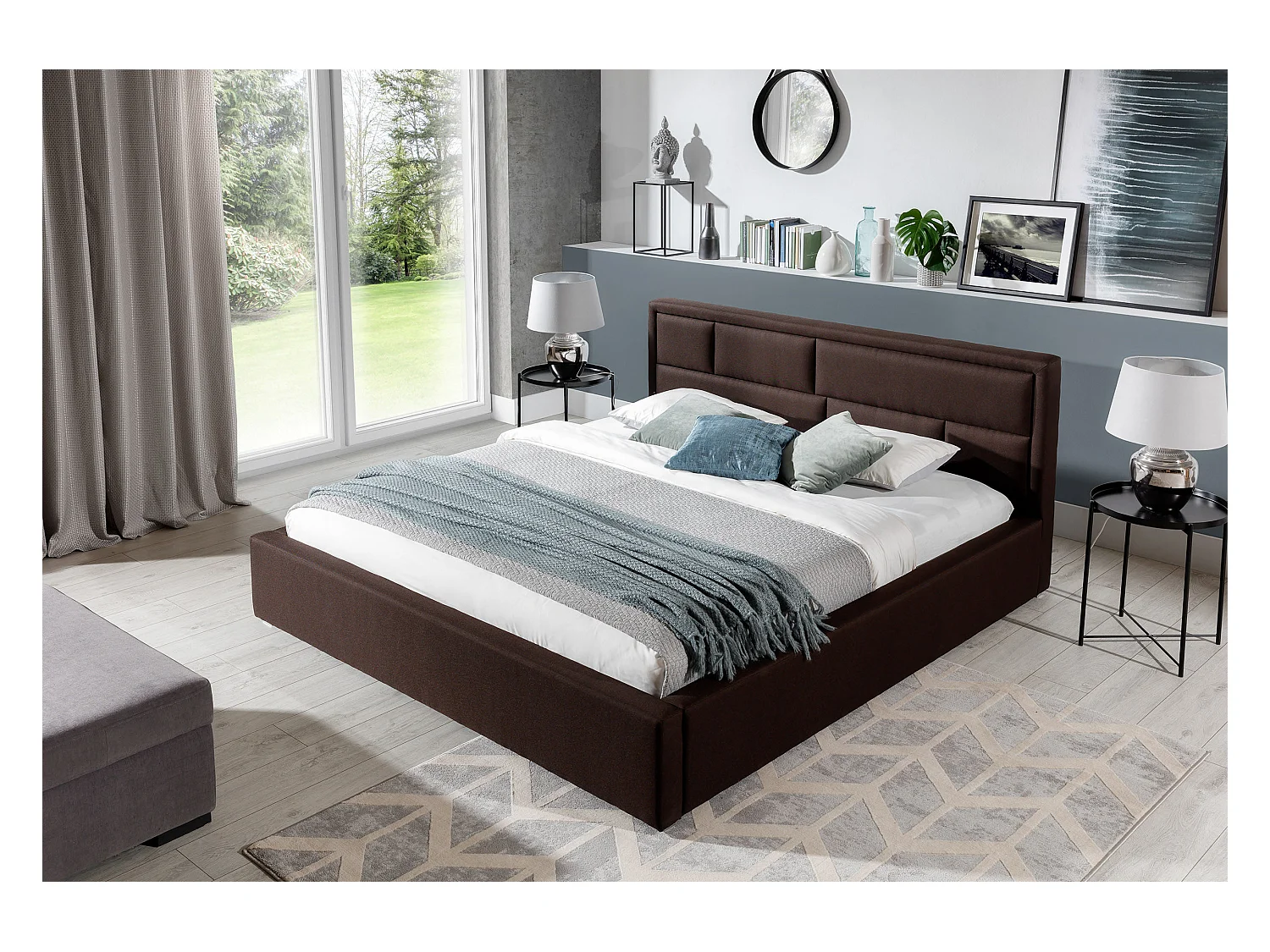 Lit double tissu beige chiné tête de lit capitonnée Lenzo - 4 tailles-160x200