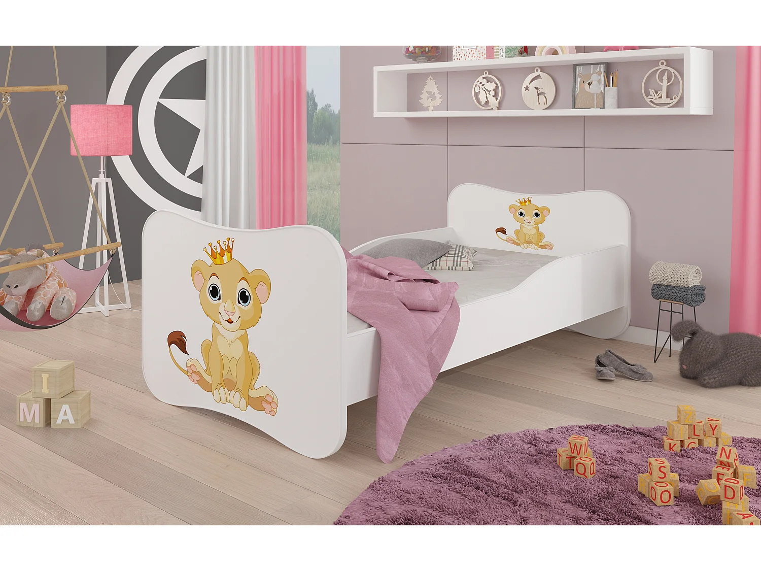 Lit enfant bois blanc imprimé petit roi lion 70x140 ou 80x160 - Sommier et matelas inclus - Ondula-70x140