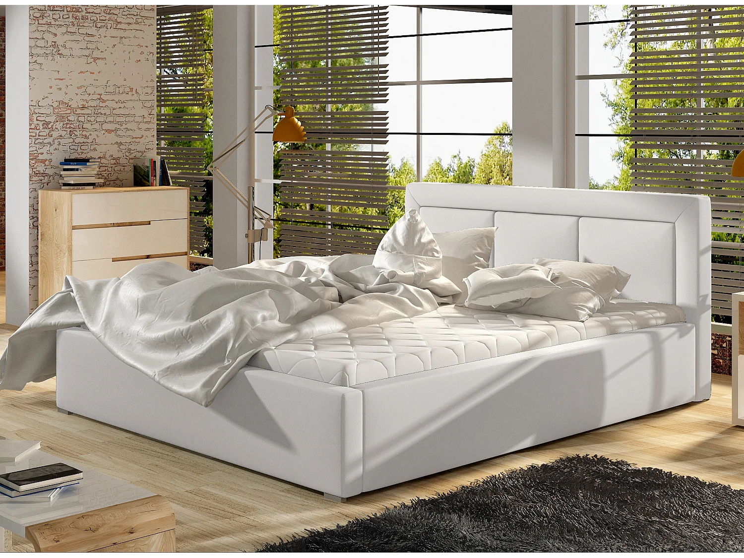Tweepersoonsbed met Berlino boxspring - Gewatteerd kunstleer-Kleur Wit-Slapen 140x200cm