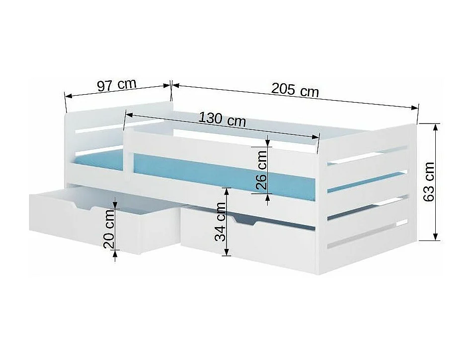 Lit enfant bois pin blanc 90x200 avec 2 tiroirs de rangement Kiko