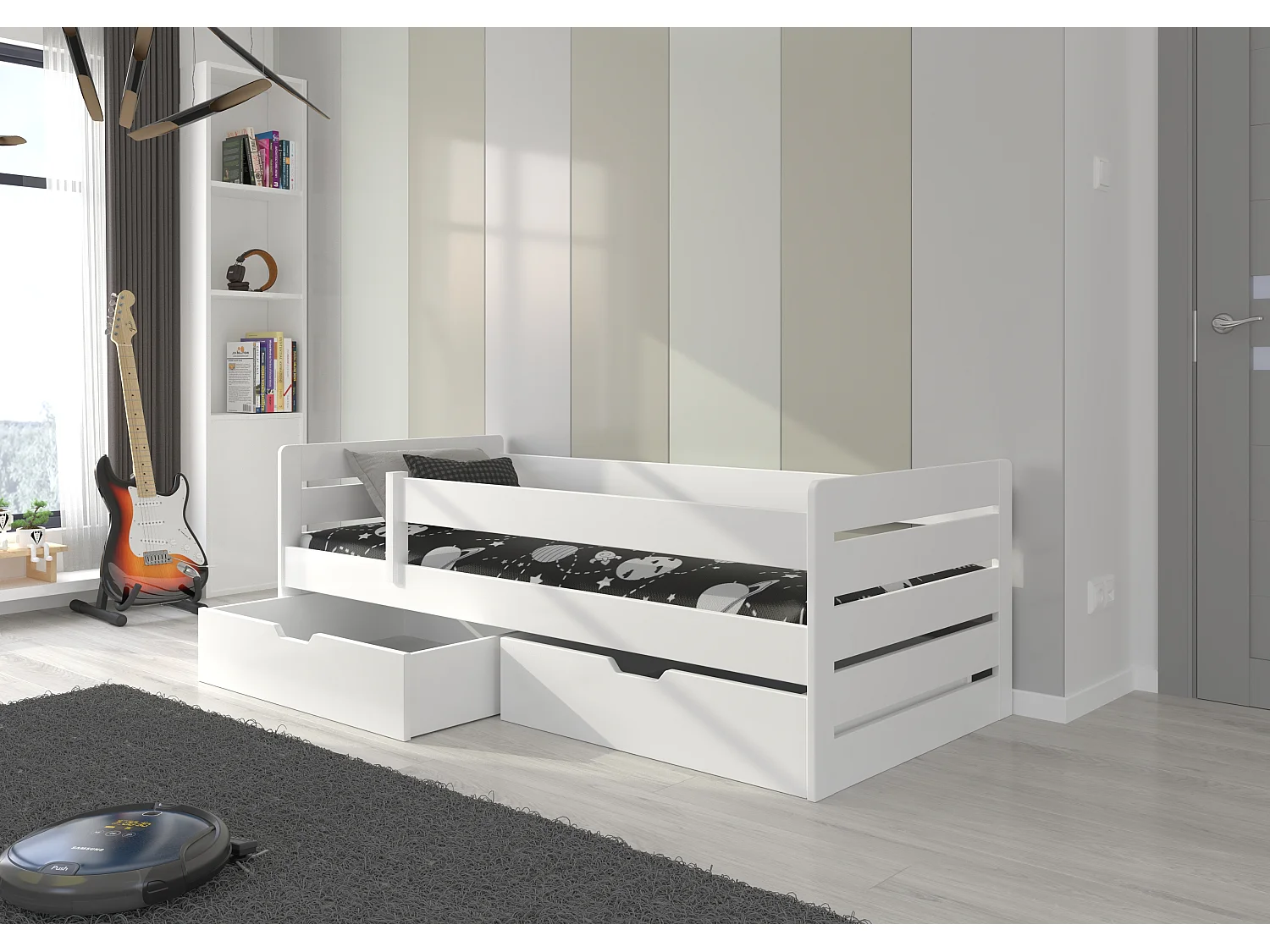 Lit enfant bois pin blanc 90x200 avec 2 tiroirs de rangement Kiko