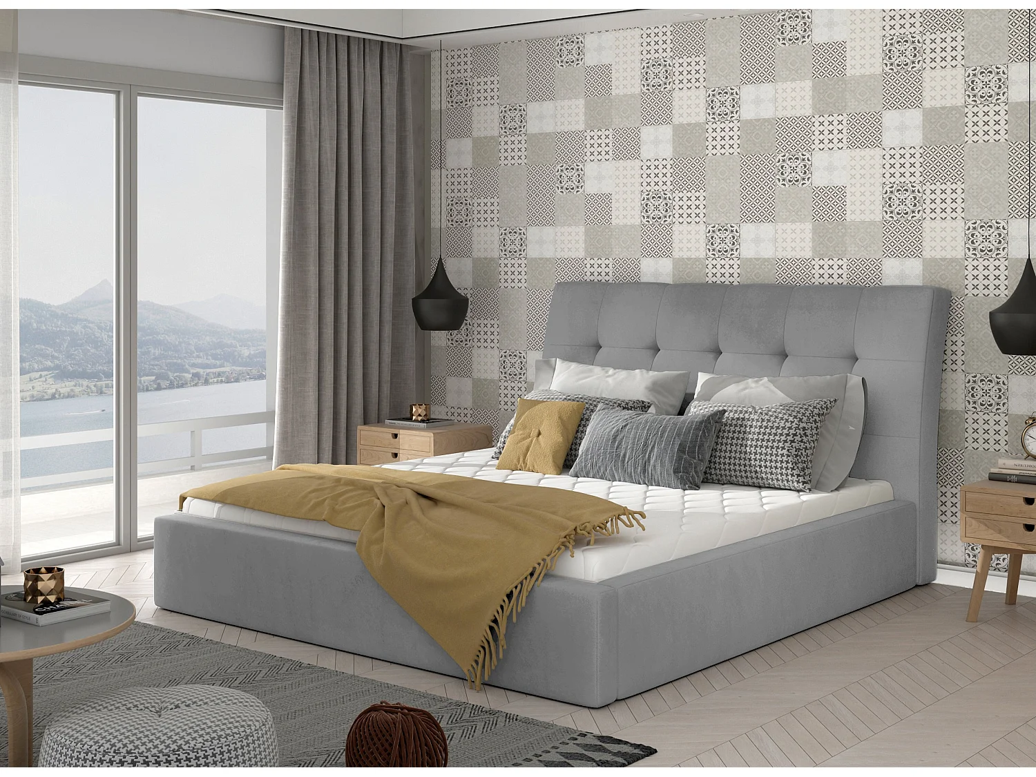 Lit double capitonné velours gris clair Klein - 4 tailles-160x200