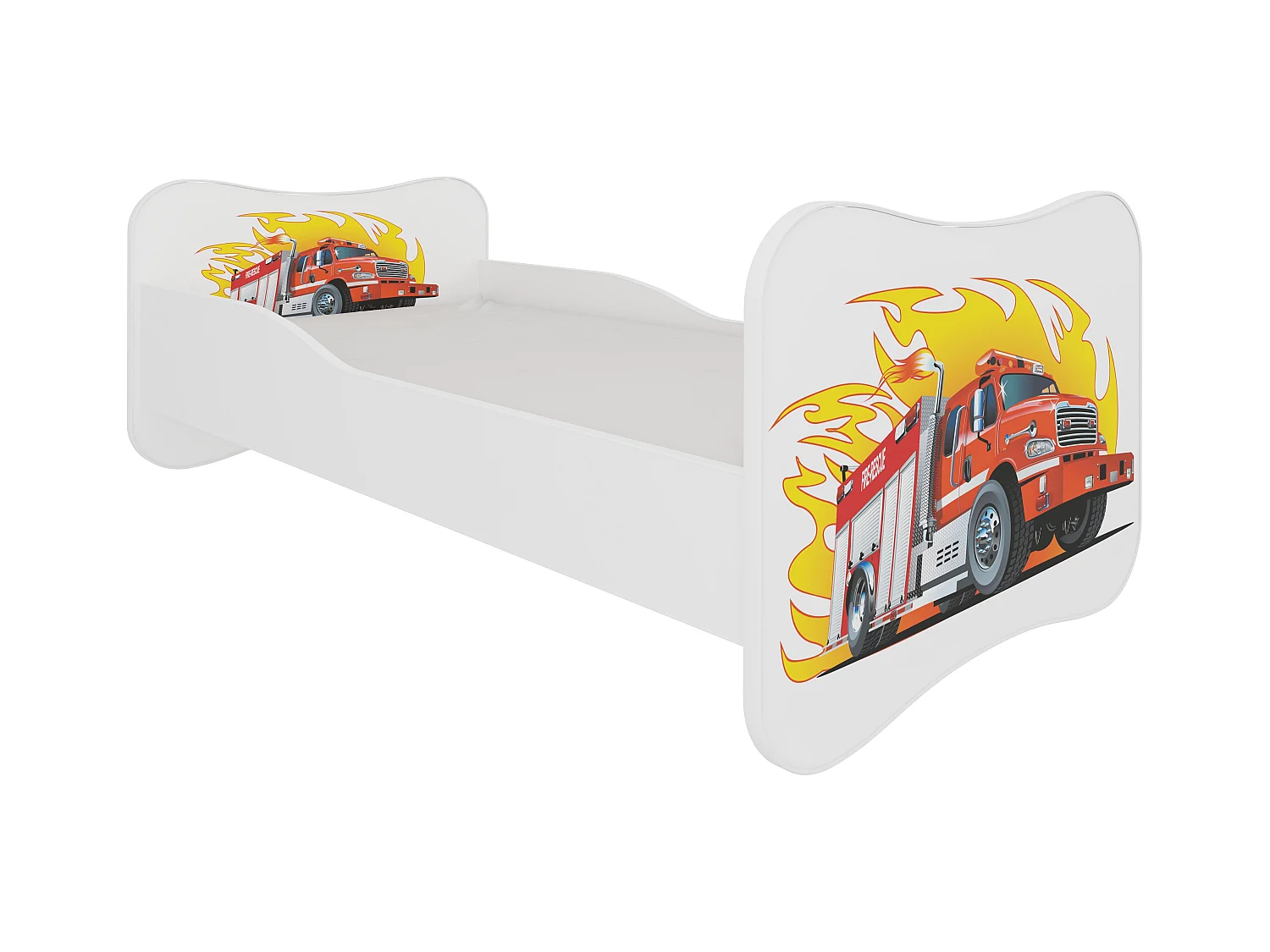 Lit enfant bois blanc imprimé camion de pompier 70x140 ou 80x160 - Sommier et matelas inclus - Ondula-80x160