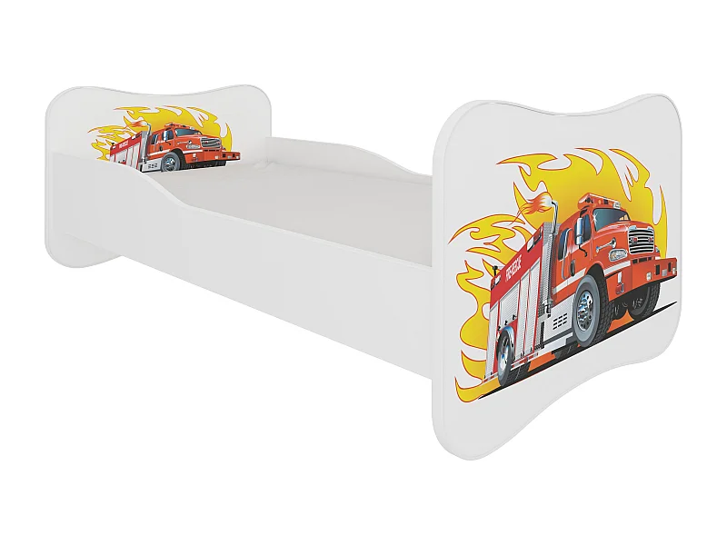 Lit enfant bois blanc imprimé camion de pompier 70x140 ou 80x160 - Sommier et matelas inclus - Ondula-80x160