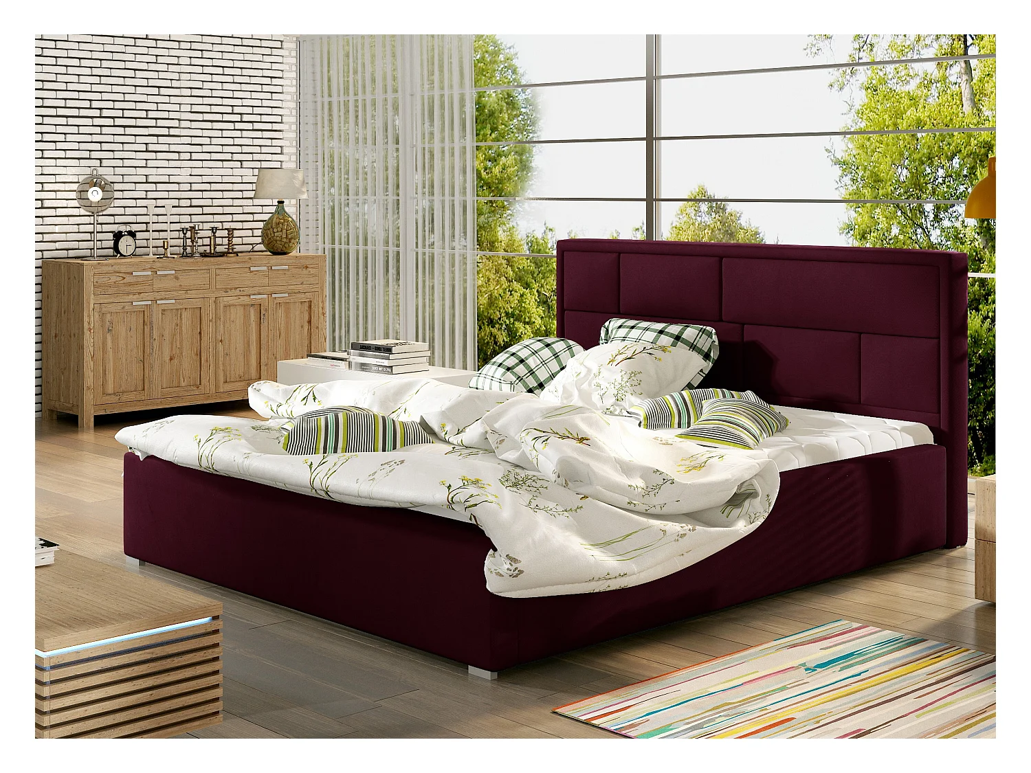 Lit double velours prune tête de lit capitonnée Lenzo - 4 tailles-160x200
