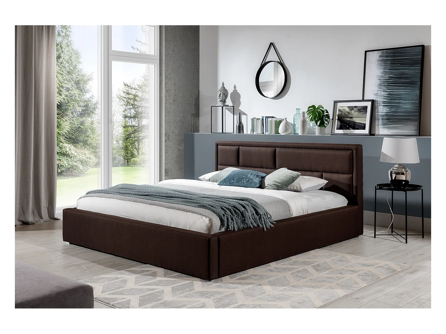 Lit double velours bleu tête de lit capitonnée Lenzo - 4 tailles-140x200