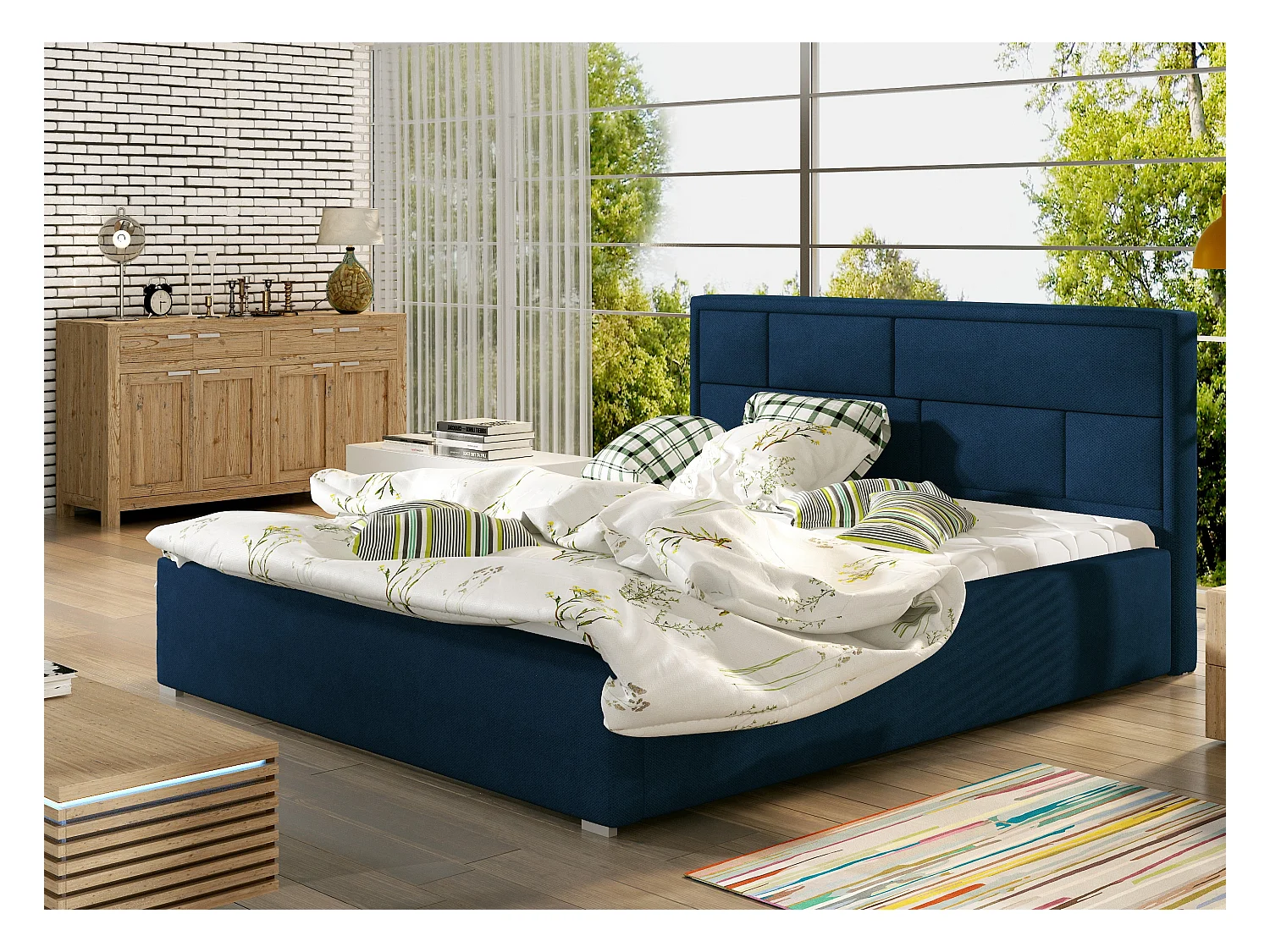 Lit double velours bleu tête de lit capitonnée Lenzo - 4 tailles-140x200