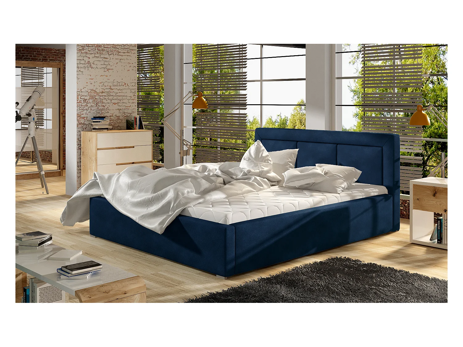 Lit velours bleu grand carré capitonné Berlino - 4 tailles-160x200