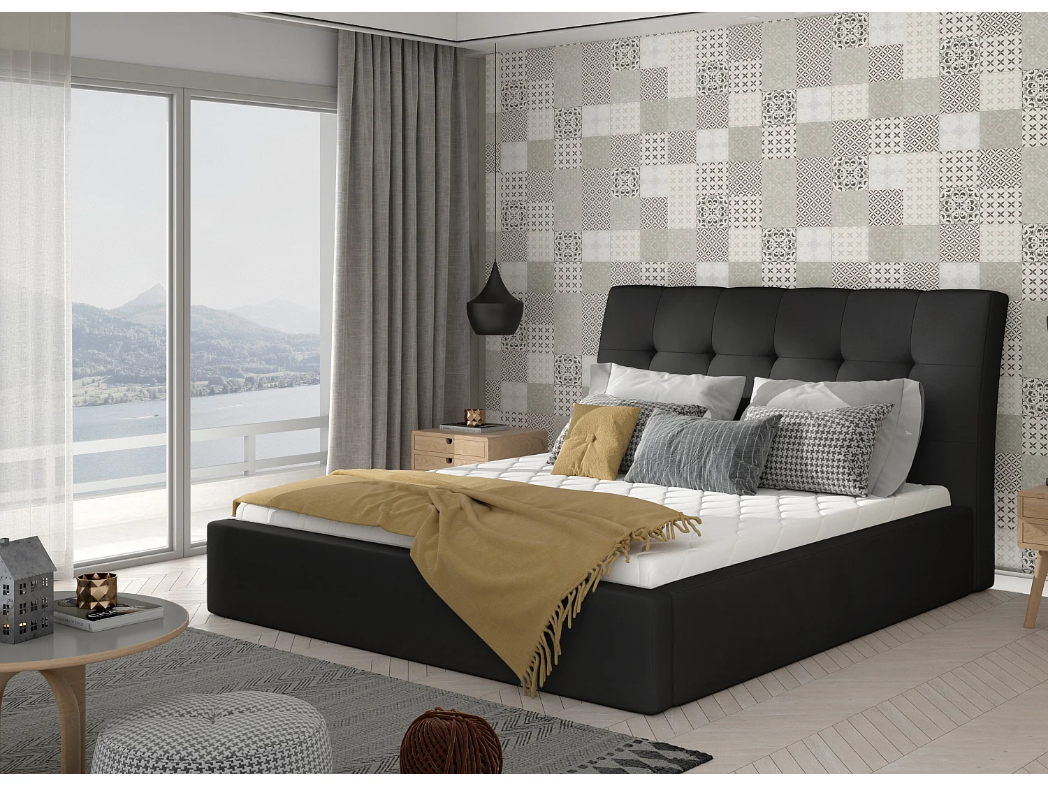 Lit double capitonné simili cuir noir Klein - 4 tailles-180x200