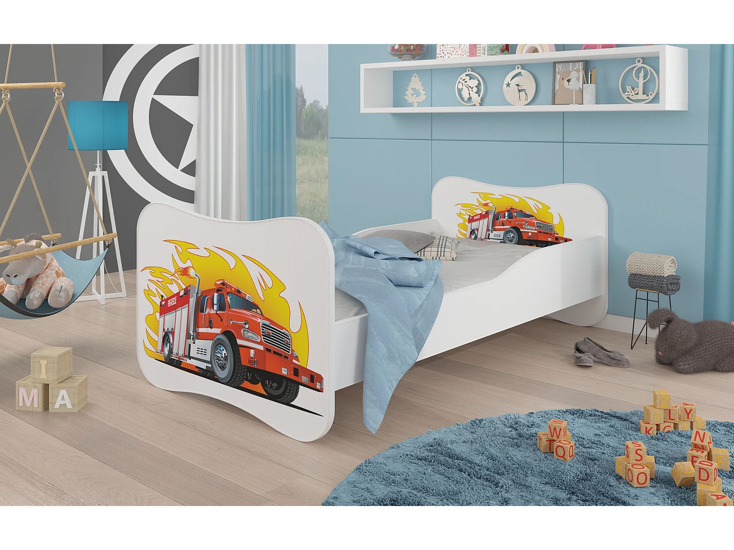 Lit enfant bois blanc imprimé camion de pompier 70x140 ou 80x160 - Sommier et matelas inclus - Ondula-70x140
