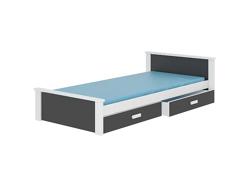Kinderbed in wit grenenhout en grafietgrijs 90x200 cm met 2 Lydia opberglades