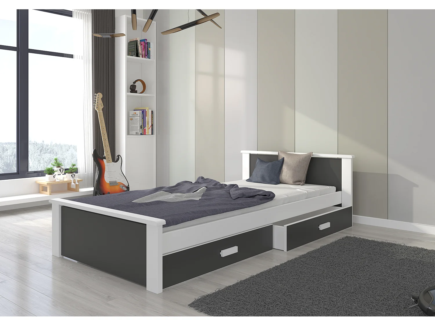 Lit enfant bois pin blanc et gris graphite 90x200 avec 2 tiroirs de rangement Lydia