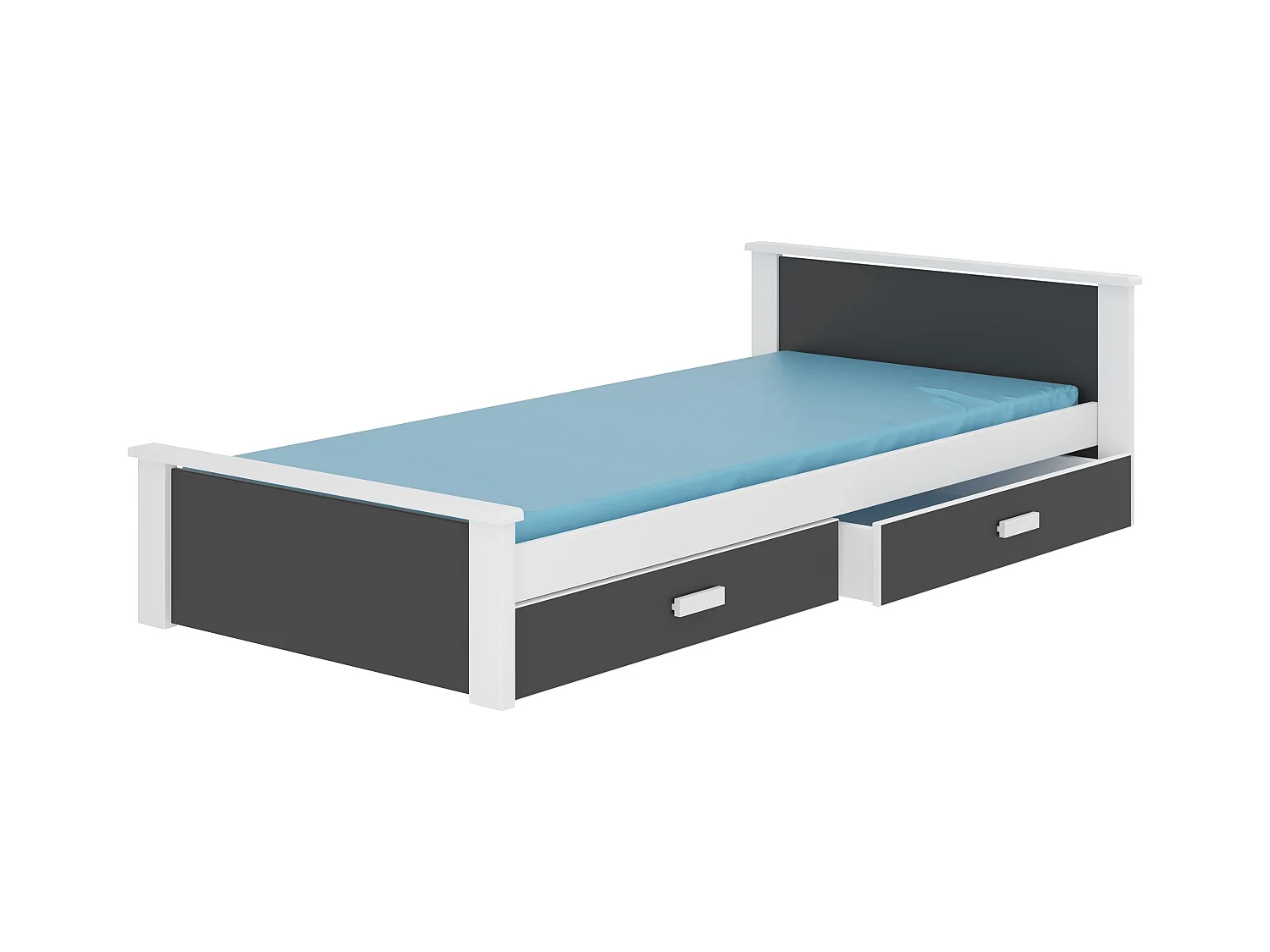 Lit enfant bois pin blanc et gris graphite 90x200 avec 2 tiroirs de rangement Lydia