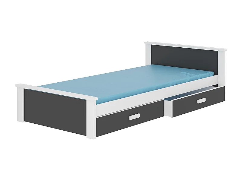 Kinderbed in wit grenenhout en grafietgrijs 90x200 cm met 2 Lydia opberglades