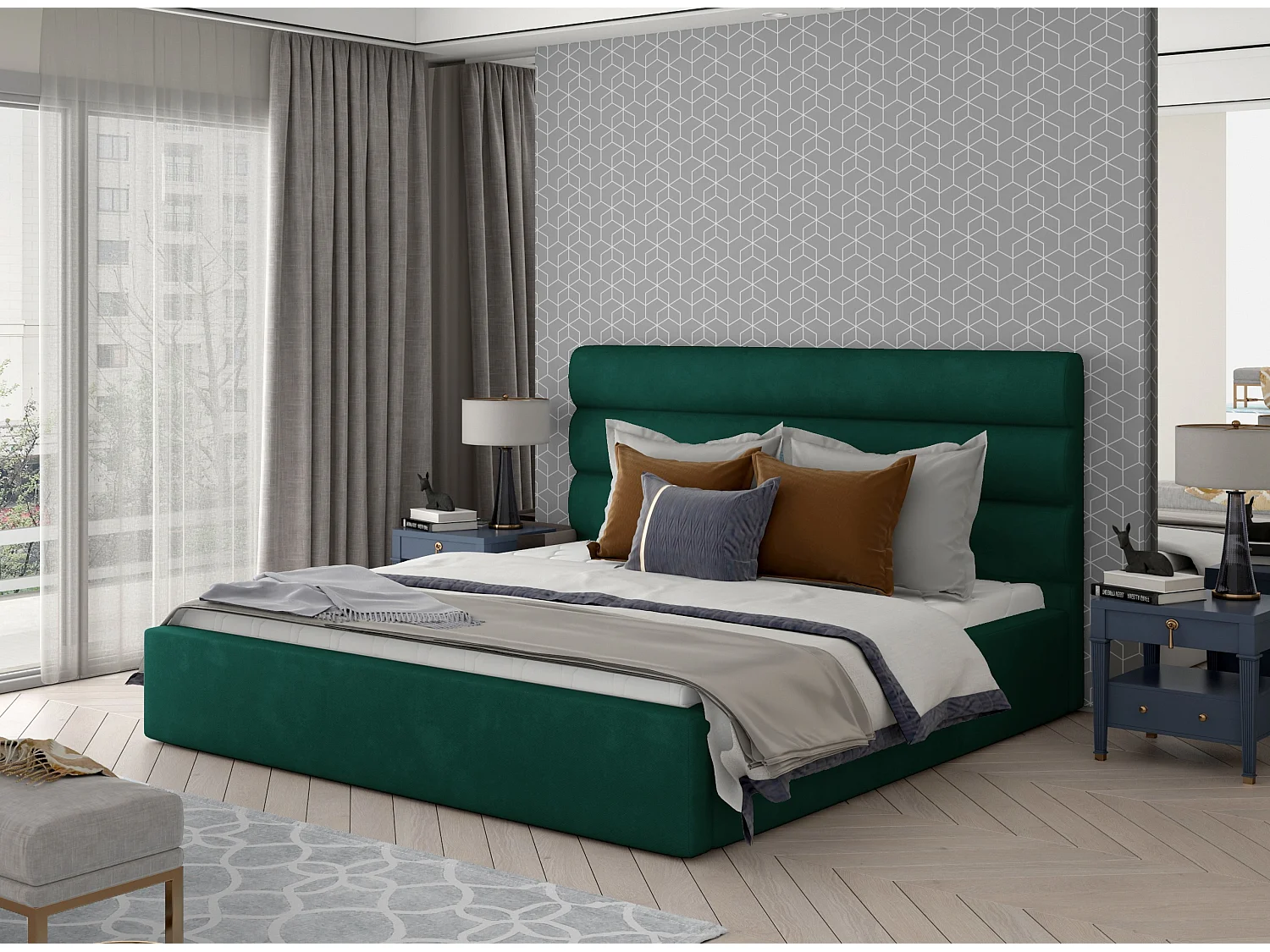 Tweepersoonsbed met Klarina boxspring - Gestoffeerd fluweel-Kleur Groente-Slapen 160x200cm