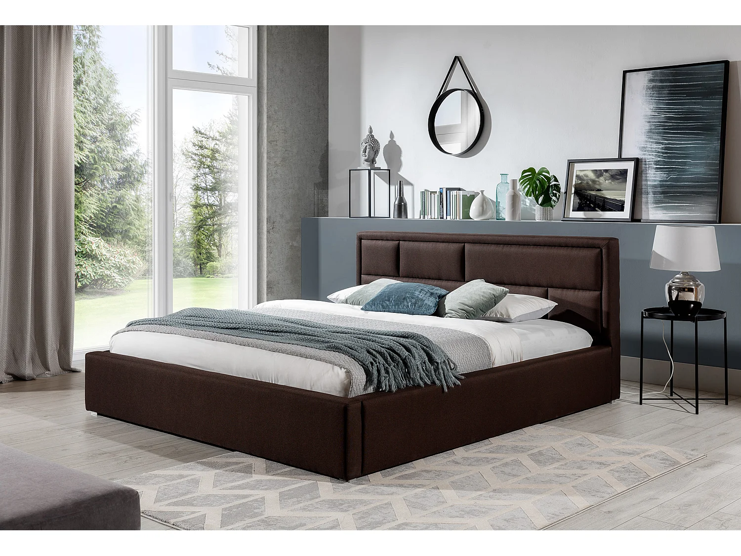 Lit double velours gris tête de lit capitonnée Lenzo - 4 tailles-180x200