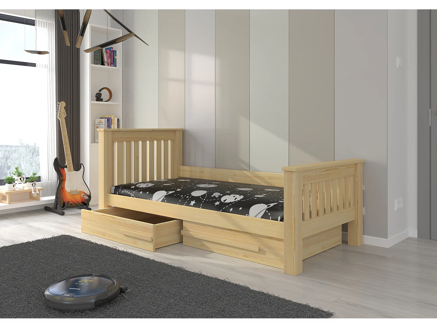 Lit enfant bois pin naturel 90x200 avec 2 tiroirs de rangement Rallye