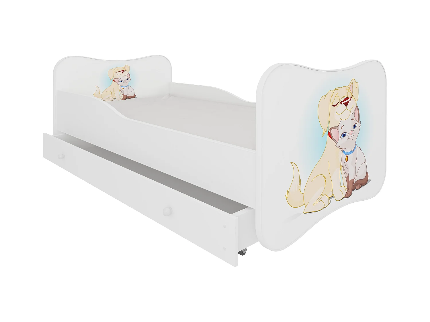 Lit enfant bois blanc à tiroirs avec imprimé chien et chat 70x140 ou 80x160 - Sommier et matelas inclus - Ondula-80x160