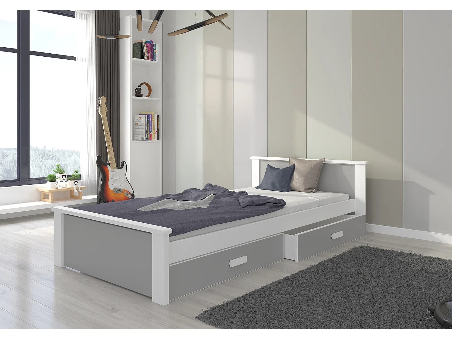 Lit enfant bois pin blanc et gris clair 90x200 avec 2 tiroirs de rangement Lydia