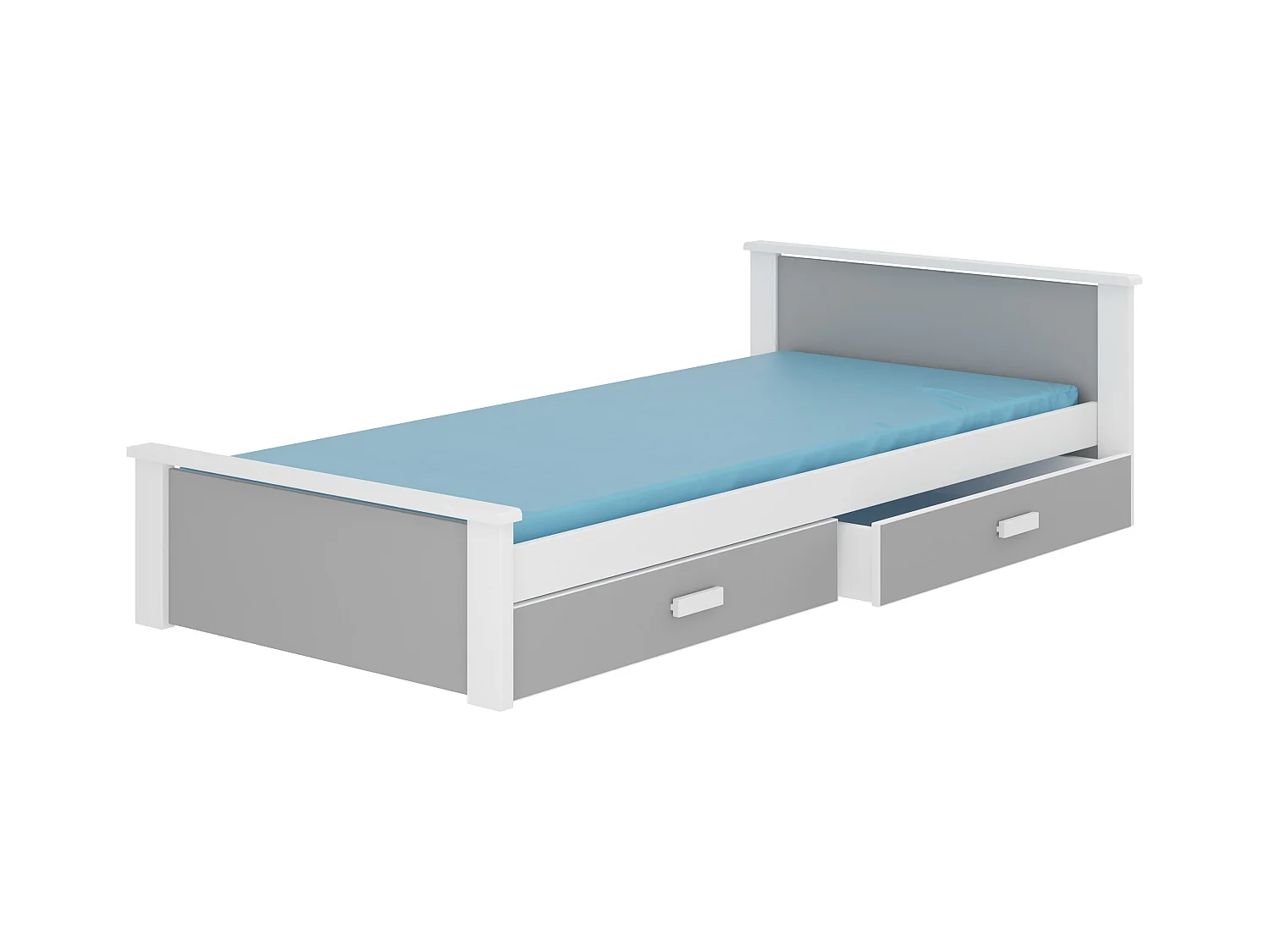 Lit enfant bois pin blanc et gris clair 90x200 avec 2 tiroirs de rangement Lydia