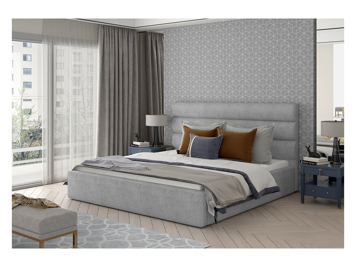 Tweepersoonsbed met Klarina boxspring - Gestoffeerde stof-Kleur Grijs-Slapen 140x200cm