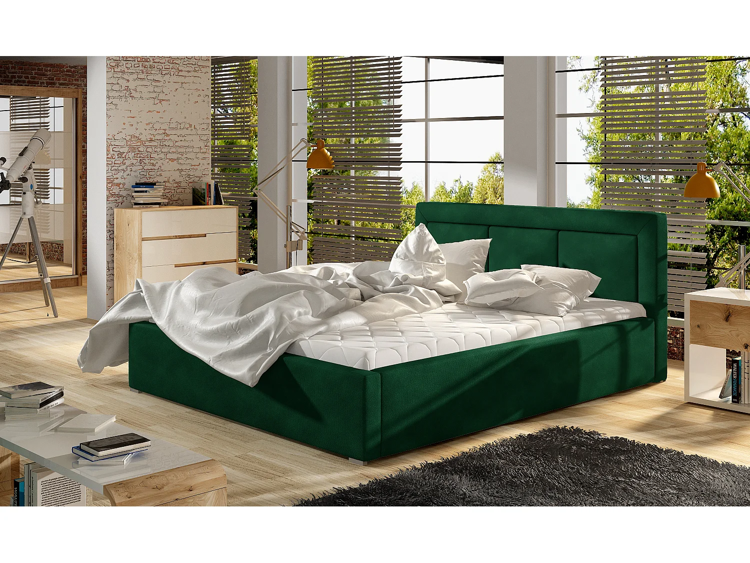 Tweepersoonsbed met Berlino boxspring - Gestoffeerd fluweel-Kleur Groente-Slapen 180x200cm