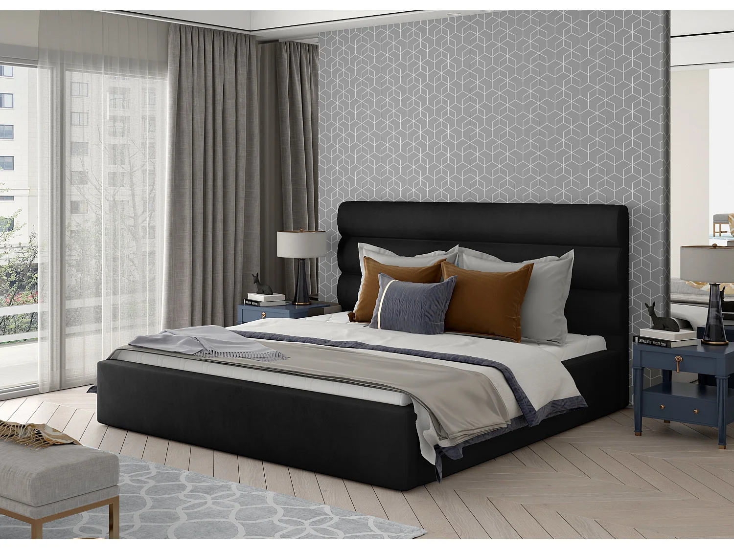 Lit design velours noir Klarina - 4 tailles-140x200