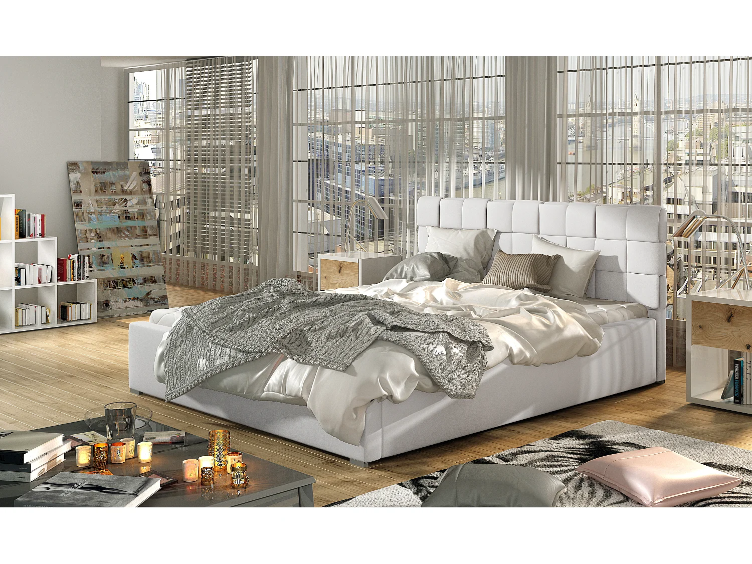 Lit moderne 200x200 capitonné simili cuir beige clair Kandy