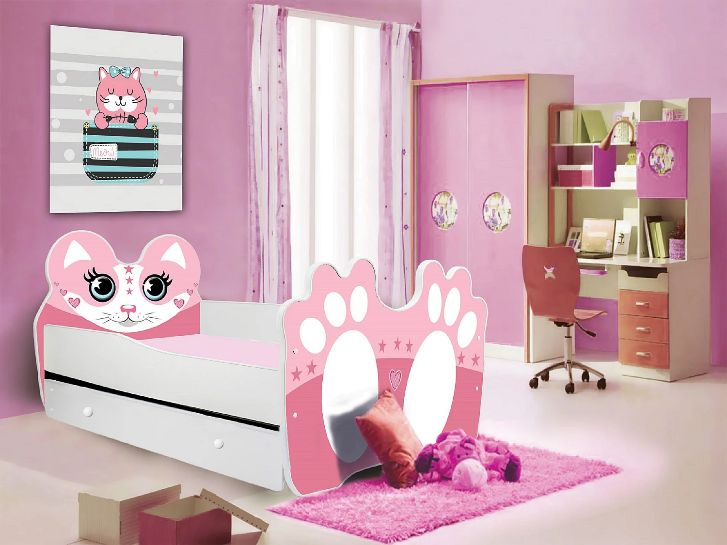Lit enfant rose avec motif petit chat rose - Matelas inclus - Tiroir de rangement-80x160