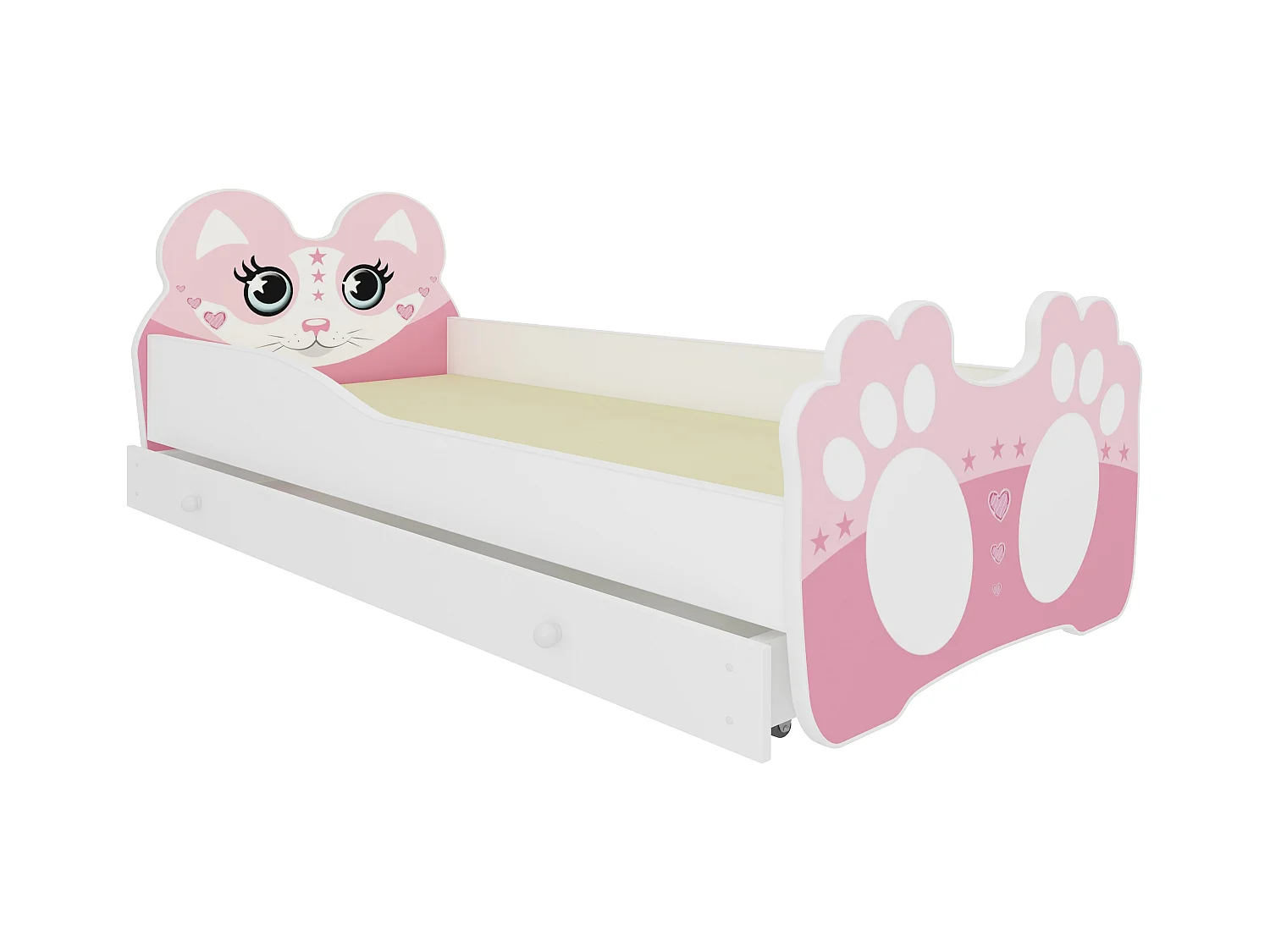 Lit enfant rose avec motif petit chat rose - Matelas inclus - Tiroir de rangement-80x160