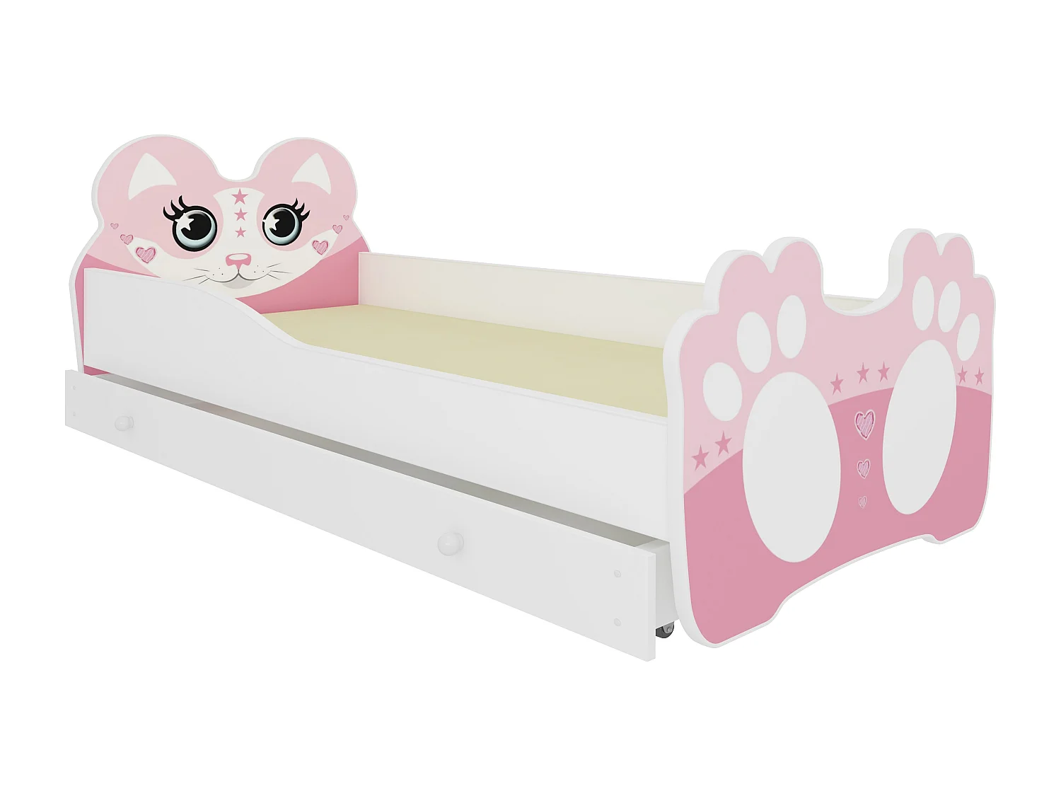 Lit enfant rose avec motif petit chat rose - Matelas inclus - Tiroir de rangement-80x160